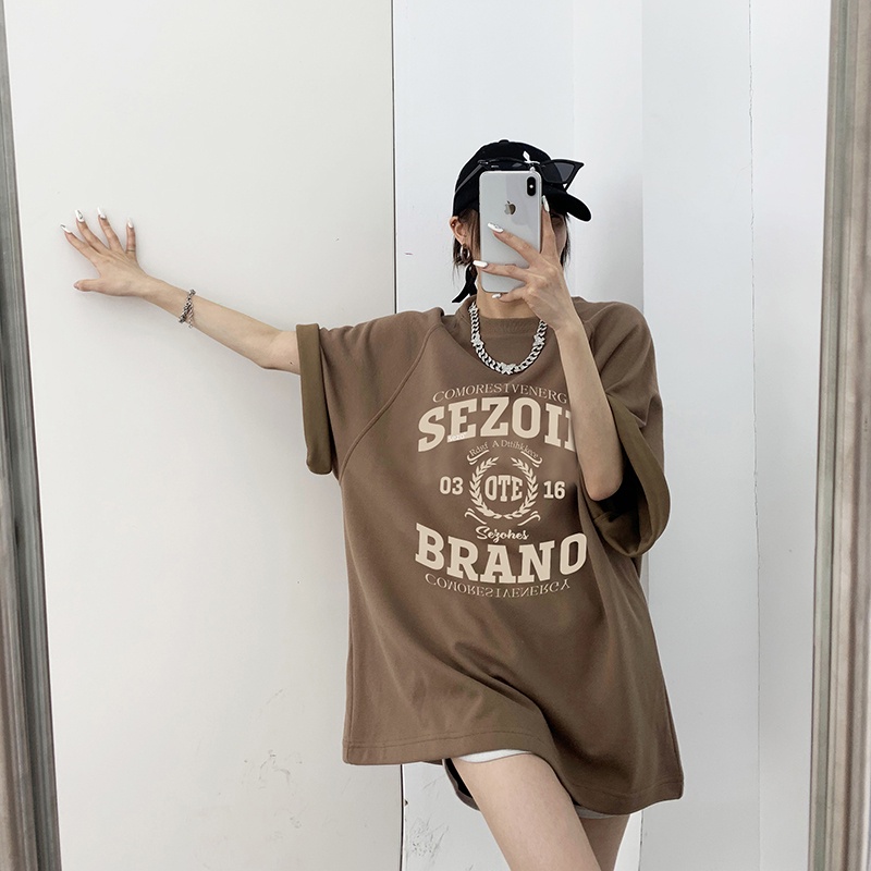 EUNII Brown T-shirt Lengan Pendek Retro English Design Printing Korean Style/Kaos Atasan Wanita/Baju Kaus Oversize Wanita/Kaos Wanita