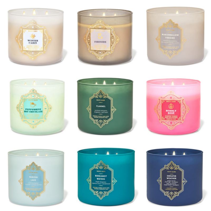 BBW CANDLE 3 WICKS White Barn Series - Stress Relief, Eucalyptus Spearmint, Eucalyptus Tea, Home Cabin, Spice Cardamom, Mahogany Teakwood, Sun Drenched Linen