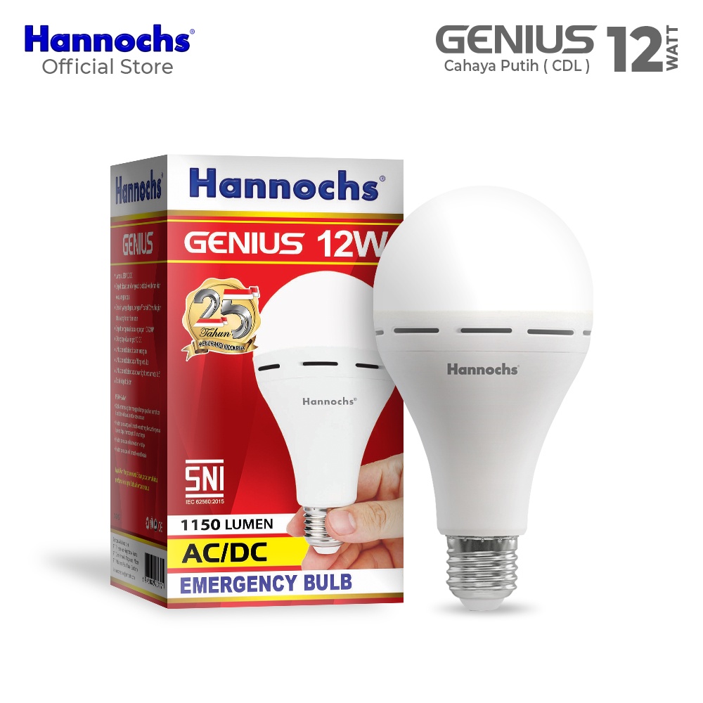 Hannochs Genius Bohlam Lampu LED Emergency 6-8-10-12-15 Watt Cool Daylight Putih BONUS Fitting Gantung