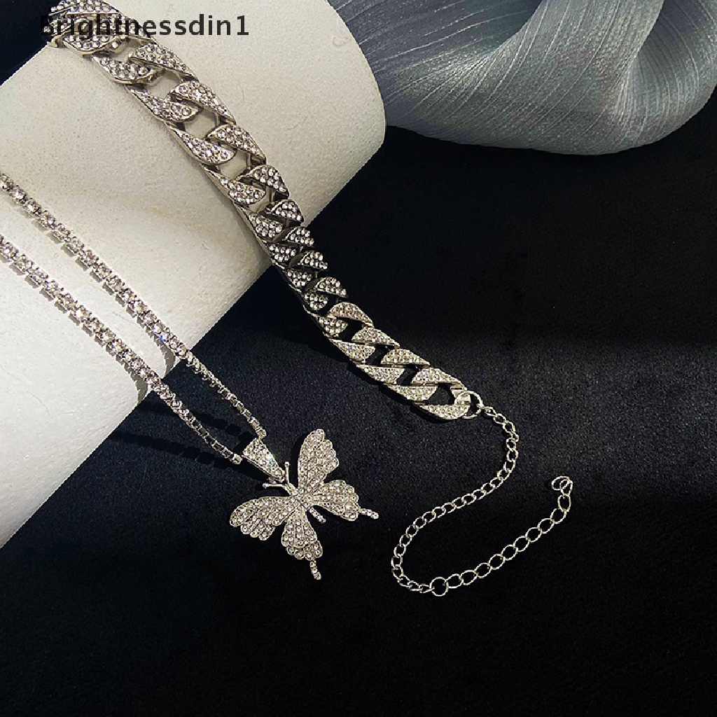 [Brightnessdin1] Elegan Putri Mulia Besar Kupu-Kupu Liontin Kalung Berlian Imitasi Rantai Untuk Wanita Bling Rantai Tenis Kristal Choker Kalung Perhiasan Butik