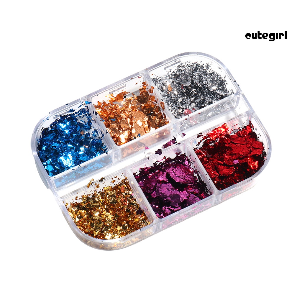 1 Kotak Stiker Nail Foil 6 Sekat Warna Motif Tekstur Berkilau Untuk Dekorasi Nail Art / Manicure