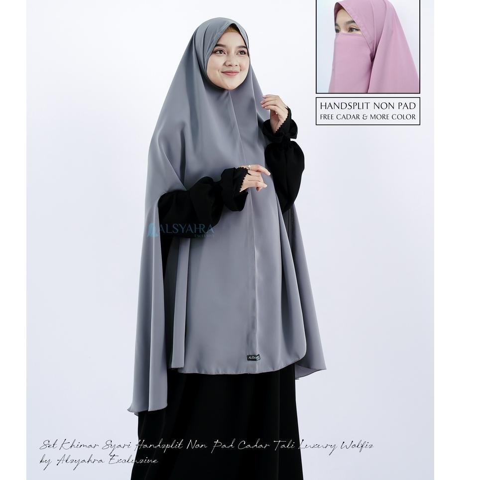 Booming Alsyahra Exclusive Set Khimar Syari Handsplit Non Pad Cadar Tali Platinum Wolfis