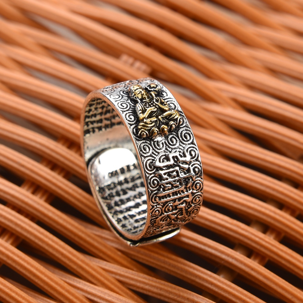 1pcs Cincin Tembaga Vintage Yang Dapat Disesuaikan Namo Amitabha Guardian Ring Antik Warna Perak Buddha Kepribadian Rings Retro Perhiasan Hadiah Untuk Wanita Dan Pria