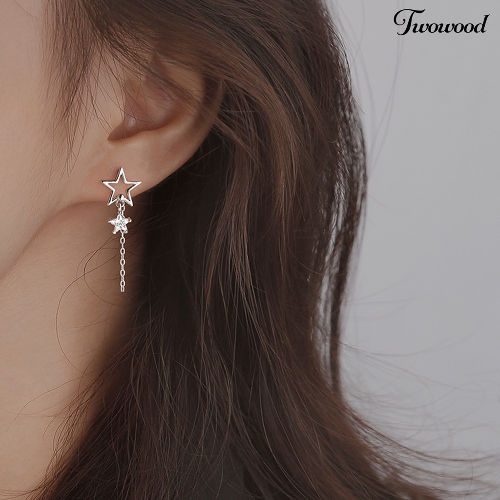 Twowood 1pasang Ear Studs Rantai Bintang Berongga Rumbai Tidak Teratur Warna Emas/Perak Cubic Zirconia Tertanam Bintang Drop Anting-Anting Perhiasan Fashion