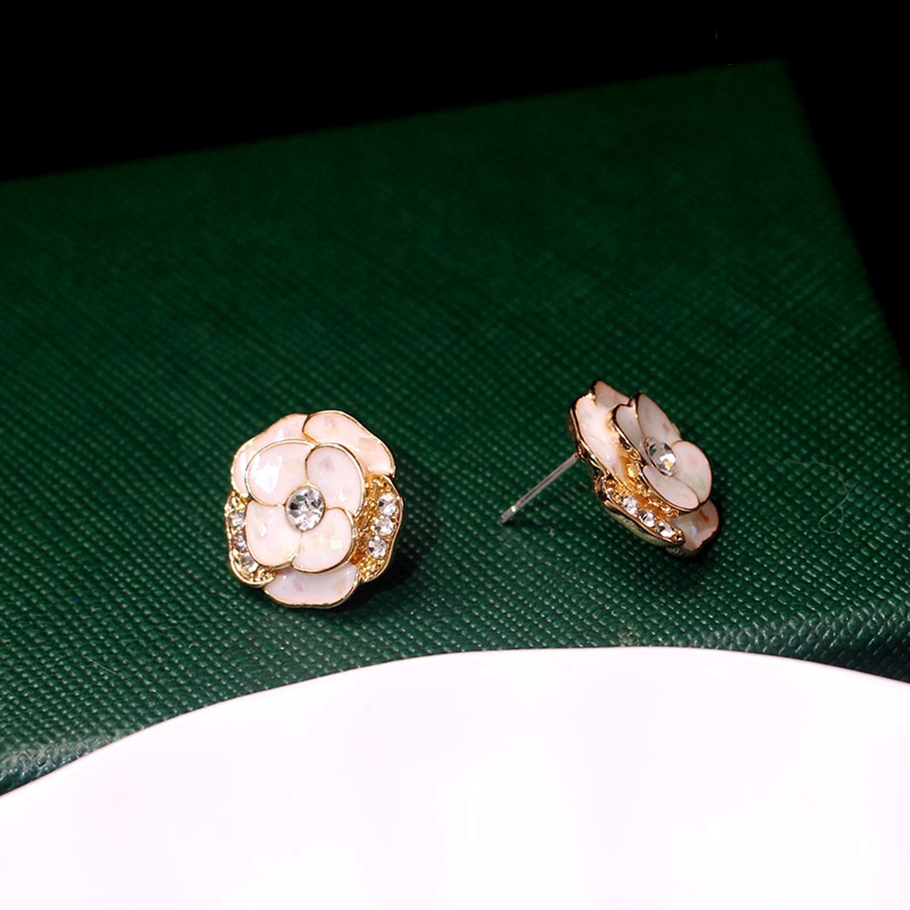 Twowood 1pasang Ear Studs Elegan Dainty Temperamen Berkilau Berlian Imitasi Enamel Bunga Wanita Anting Fashion Perhiasan