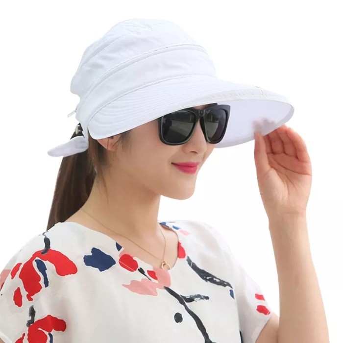 Topi Wanita Korea pantai lebar zipper anti uv rose pink Putih Topi Wanita Sport Fashion Keren Viral 