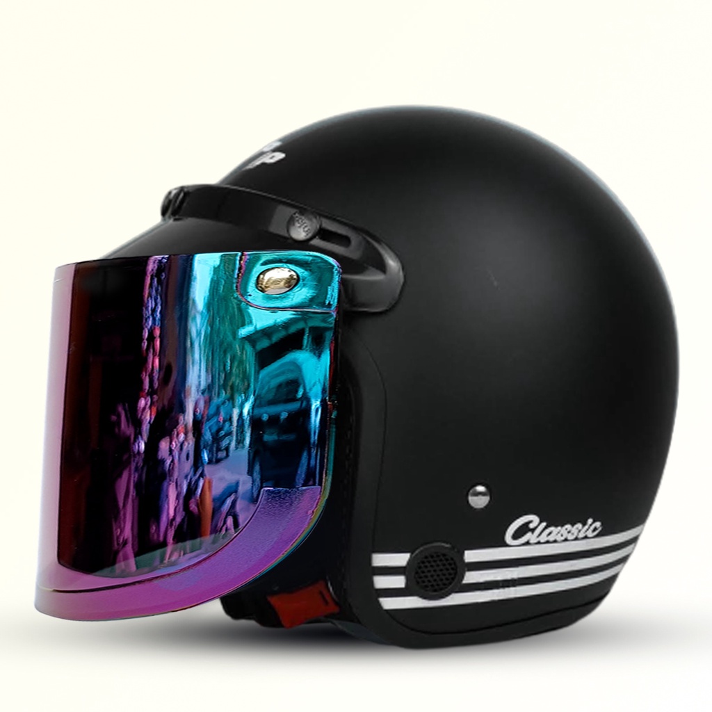 Helm Bogo Retro Dewasa Classic Kaca Datar Pelangi / Kaca Cembung Silver COD