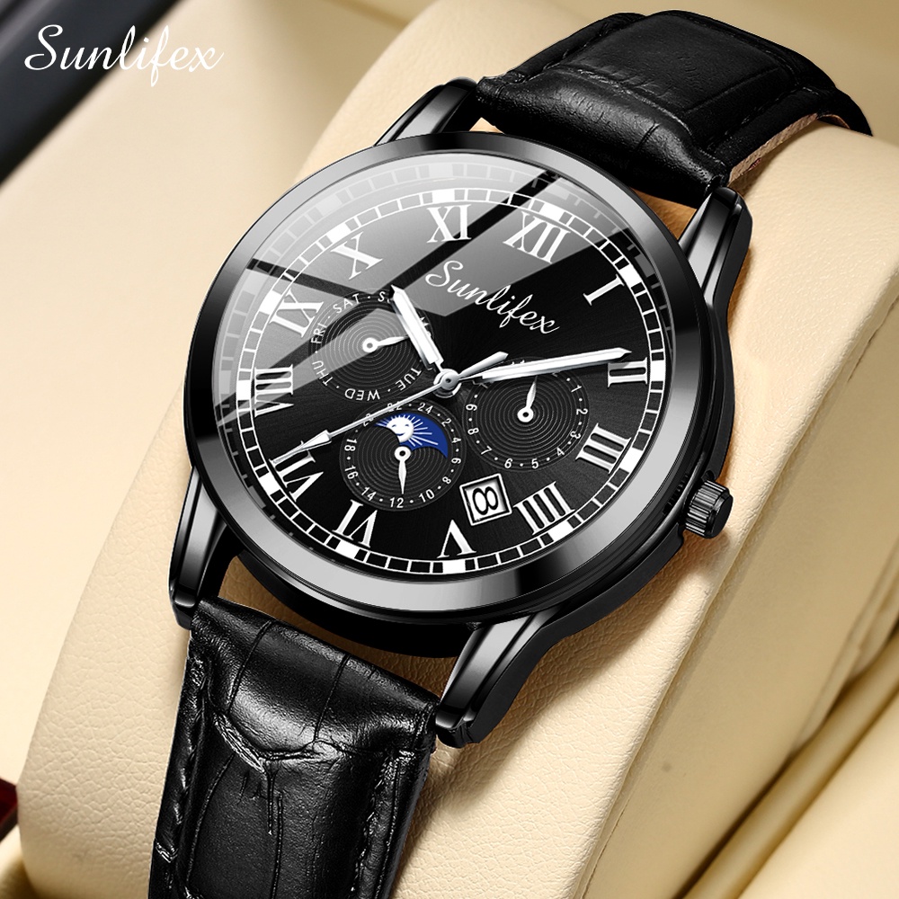 Sunlifex Jam Tangan Pria 7003 Kalender Kuarsa Santai Bisnis Tali Kulit Jam Tangan Cowok-Black