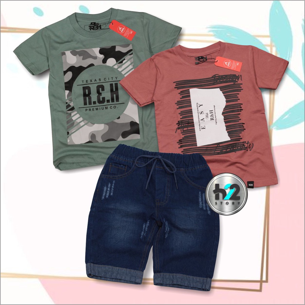 Paket Cakep Setelan Kaos Anak Celana Pendek Jeans Setelan Baju Dan Celana Pendek Anak Laki-Laki Usia 3-12Tahun By H22Story