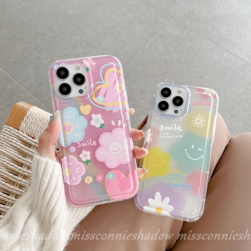 IPHONE Ins Korea Shockproof Airbag Case Kompatibel Untuk Iphone11 14 13 12 Pro Max7 8 6 6S Plus XR X XS MAX Senyum Lucu Segar Cat Air Bunga Awan Cinta Hati Lembut TPU Penutup Belakang