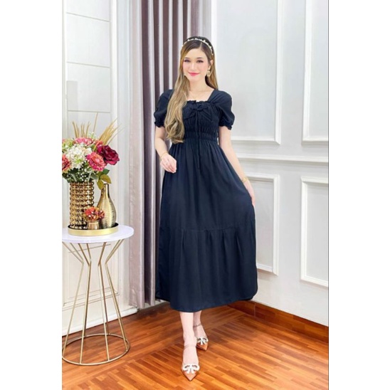 Longdress Sabrina Polos Rayon Premium I Dress Kerut I Sexy Smoke Dress I Korean Style Dress