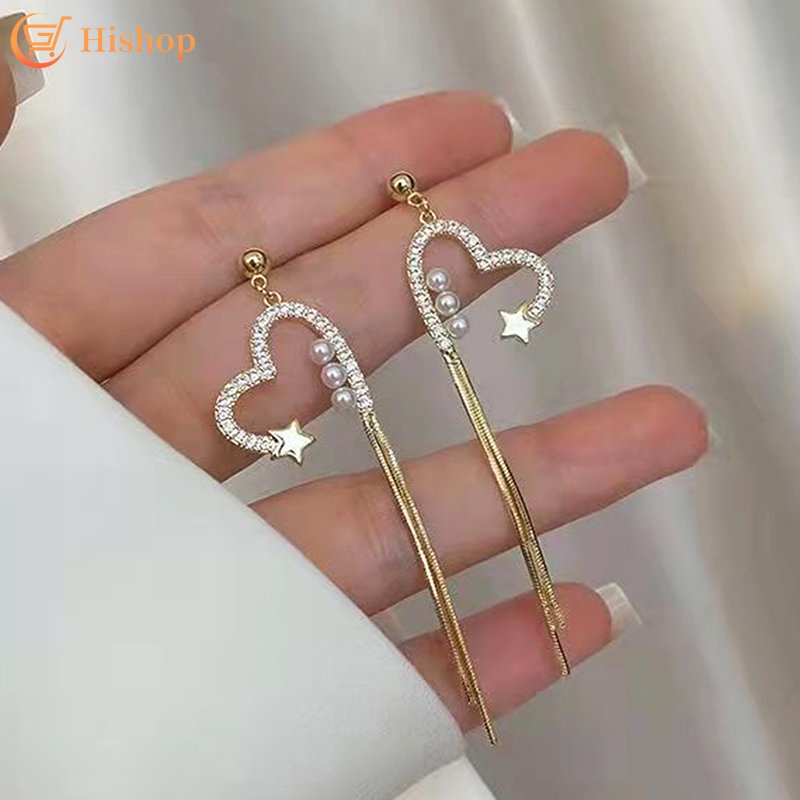 Anting Tusuk Emas Untuk Wanita Elegan Berongga Hati Drop Rumbai Earring Fashion Aksesoris Perhiasan