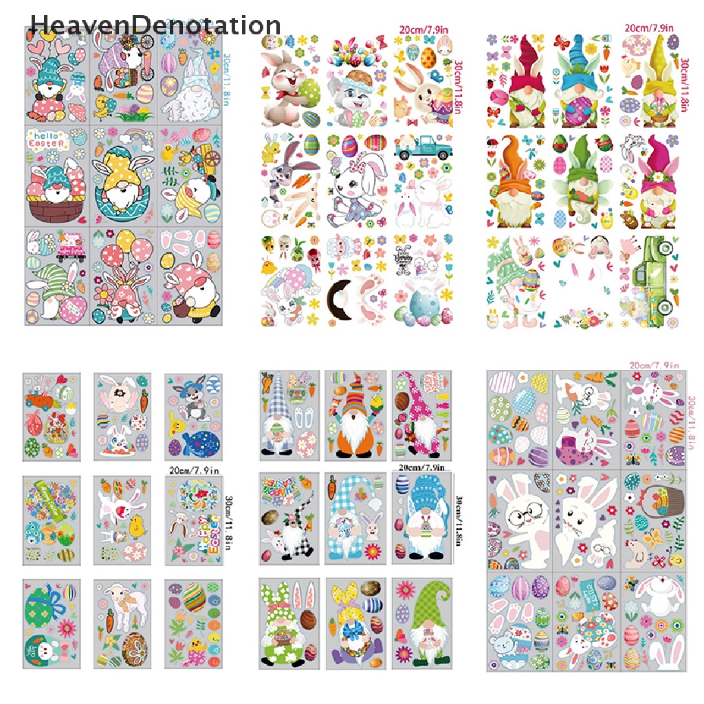 [HeavenDenotation] 9pcs Stiker Jendela Kaca Happy Easter Colorful Bunny Eggs Wall Sticker 20x30cm HDV