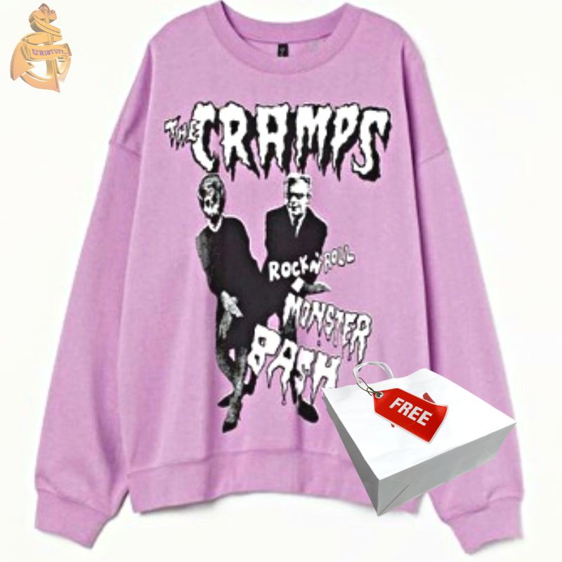 Crewneck Sweater H&amp;M Hnm The Cramps Rock N Roll Monster Bash Lilac Purple Wanita Pria Full Tag Free Paper Bag