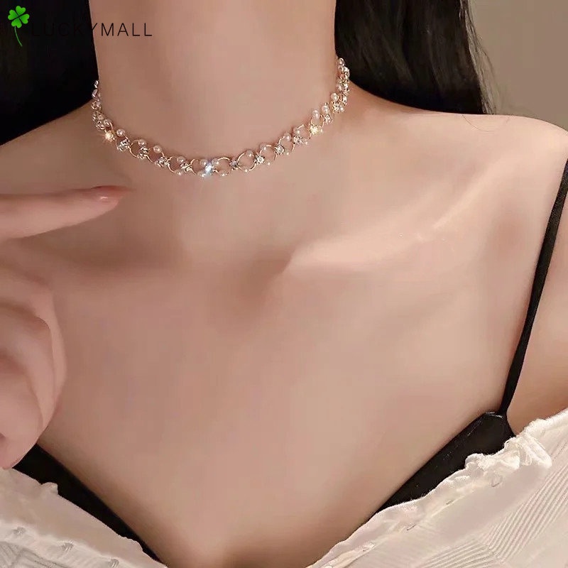 Kalung Emas Mutiara Elegan Untuk Wanita Mewah Kristal Necklace Choker Perhiasan Aksesoris