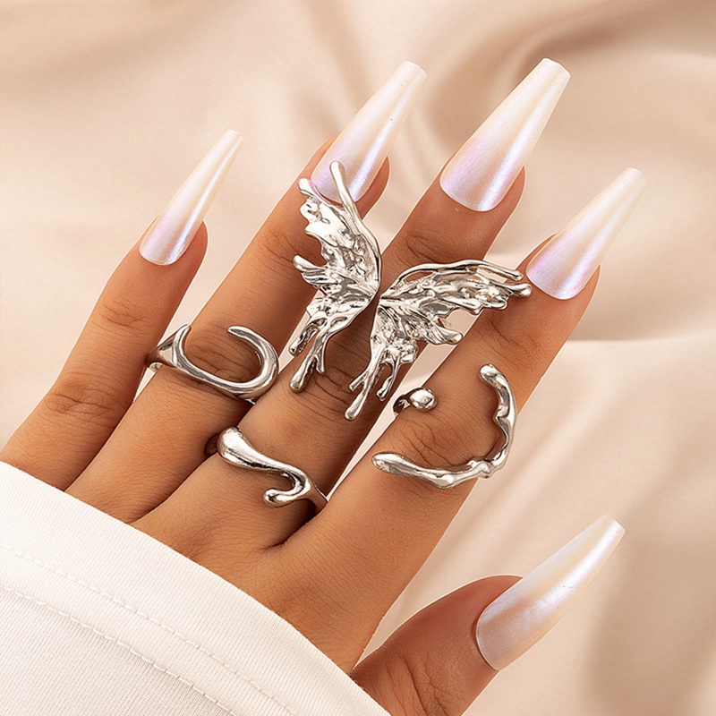 Punk Set Cincin Kupu-Kupu Cair Warna Perak Untuk Wanita Fashion Gelombang Tidak Teratur Metal Knuckle Rings Aesthetic Egirl Gothic Jewelry