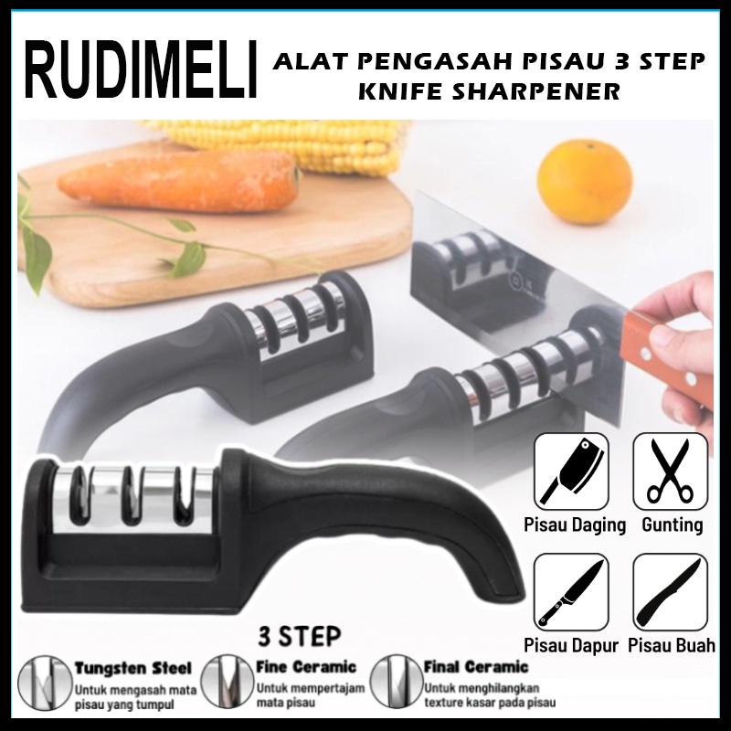 Asahan Pisau Gunting lengkap 3 Step Knife Sharpener / Alat Pengasah 3 Slot Tahapan Penajam Peruncing Manual Anti Slip Knife Scissor Grinder Sharpener Praktis Serbaguna