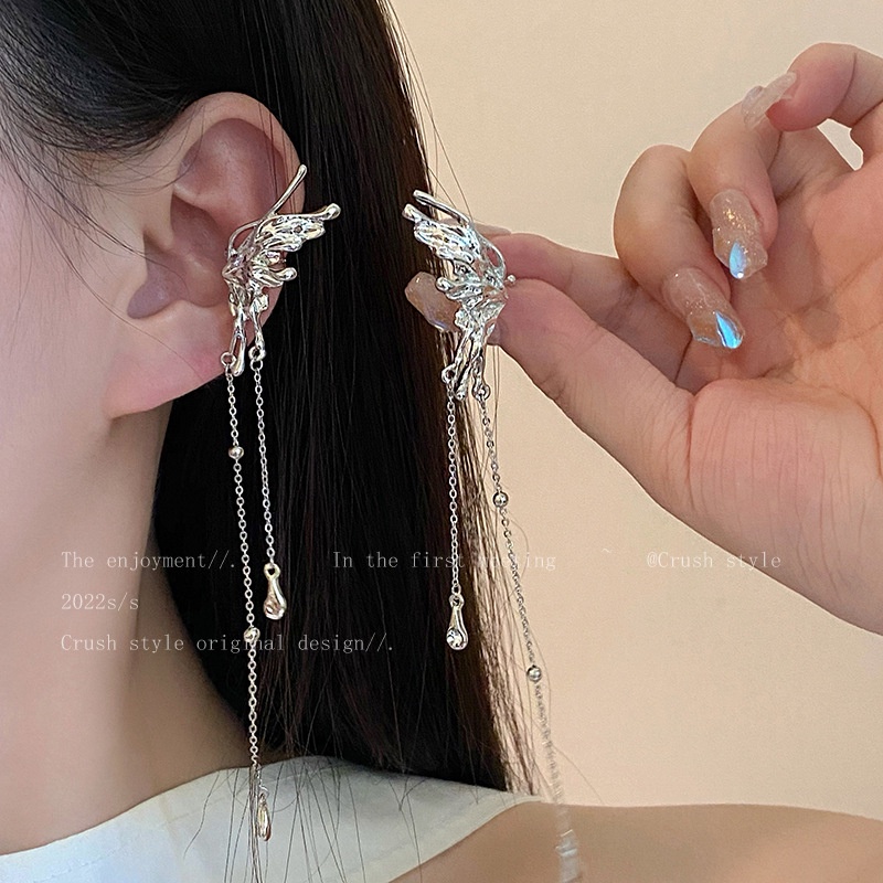 Kupu-kupu Anting Rumbai Untuk Wanita Keren Perak Klip Earring Perhiasan Y2K Aksesoris