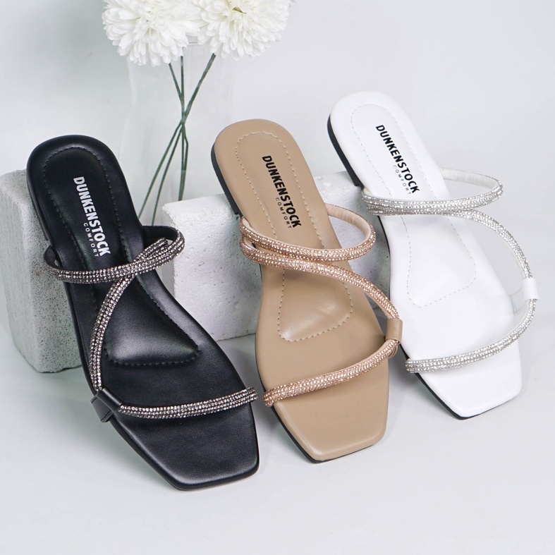 SARASARA YUK - Dunkenstock Dyor Sandal Wanita Slop Blink Kristal Size 36 - 40 Sendal Teplek Flat Selop Crystal Cewek Pergi Jalan Rumahan Belleza Warna Black Hitam Premium 37 38 39 Perempuan Kekinian Terbaru Shoes ORI Original Mall Official Store