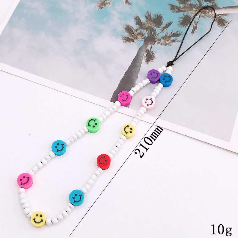 Smile Face Soft Clay Candy Color Rice Beads Chain Dengan Mutiara Tali Telepon Anti Hilang Untuk iPhone Android OPPO VIVO Huawei Xiaomi Redmi Samsung Semua Ponsel Earphone Cases