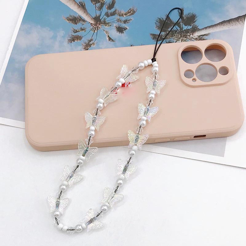 3d Pearlescent Small Butterfly Pearl Beads Rantai Anti Hilang Untuk iPhone Android OPPO VIVO Huawei Xiaomi Redmi Samsung Semua Ponsel Earphone Cases