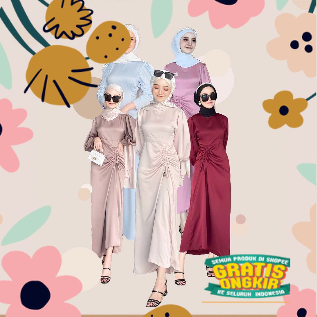 Abelia Dress - baju gamis Dewasa Bahan Sateen Velvet Adem untuk hijab dan non hijab / bali tenun