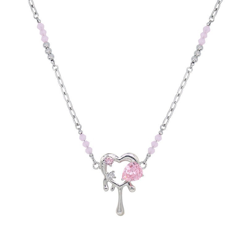 Kalung Zircon Pink Cupid Heart Choker Rantai Silver Untuk Aksesoris Perhiasan Wanita