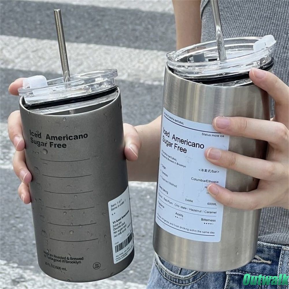 ღ Kopi Amerika Straw Cup Double-Layer Stainless Steel Mug Tahan Karat Sederhana Fashion Es Kopi Mug Dapat Digunakan Kembali bisnis Botol Air untuk Teman Hadiah