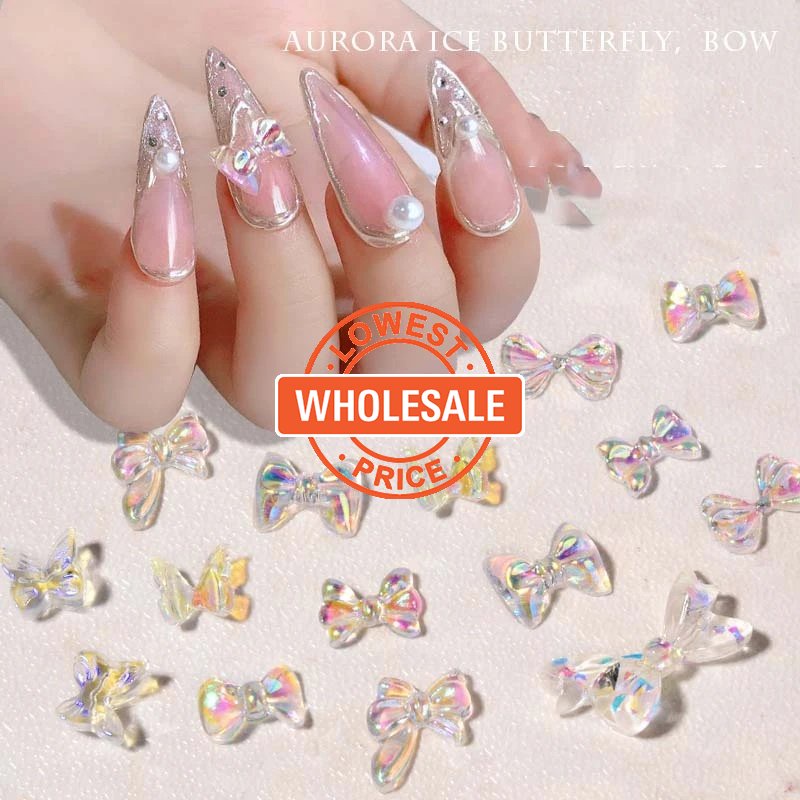 [Harga Grosir] 50pcs/Bag Aurora Warna-Warni Busur Hiasan Kuku Manicure Bow Decoration 3D Bentuk Berbeda Busur Manikur Aksesoris Untuk Wanita Dan Anak Perempuan