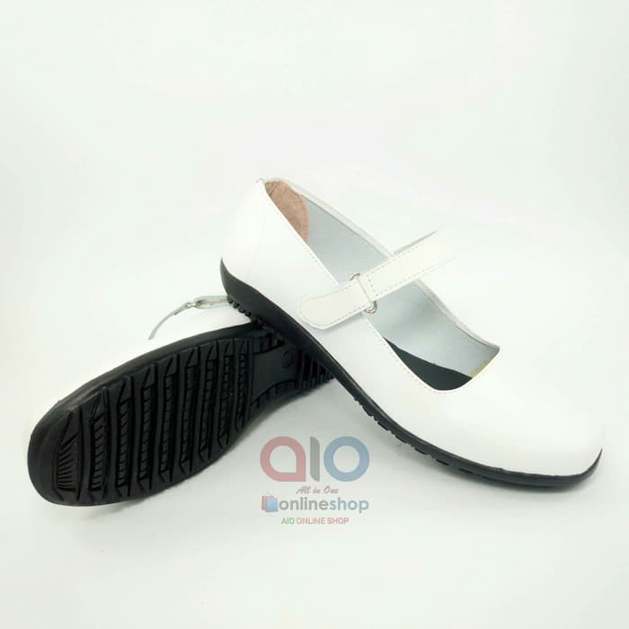 Aline Sepatu Pantofel Wanita Putih Flat Formal Bidan Perawat Dokter Akper Akbid A06