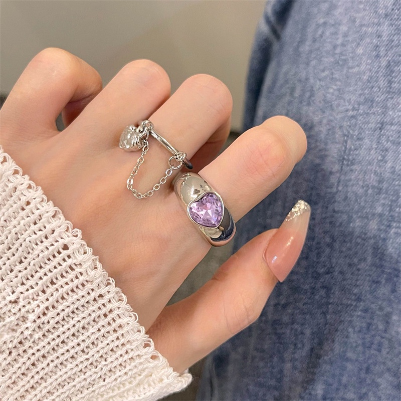 Cincin Love Ungu Manis Keren Love Rantai Rumbai Cincin Jari Telunjuk Terbuka