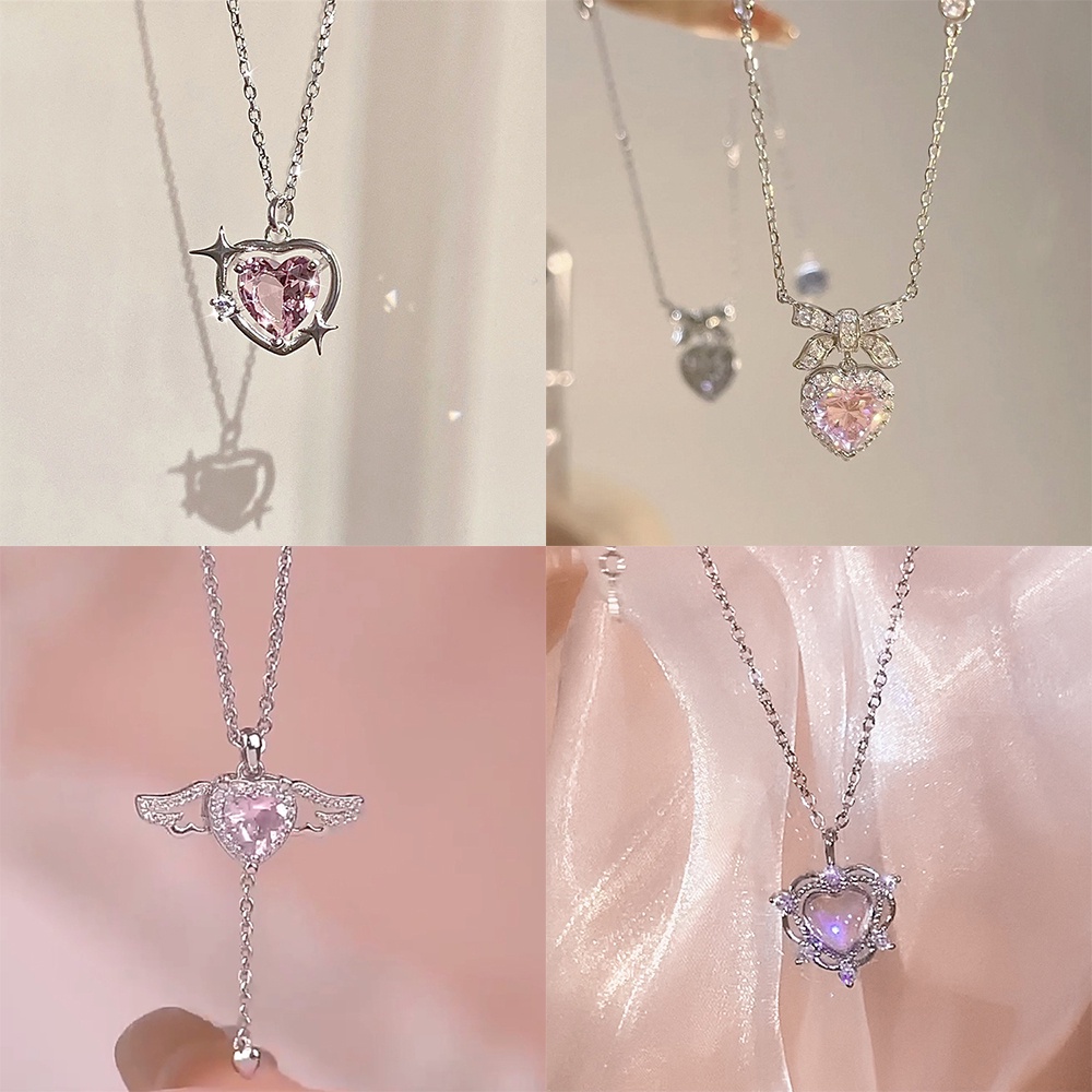 Kalung Rantai Permata Pink Mewah Untuk Wanita Elegan Zirkon Jantung Liontin Aksesoris Perhiasan