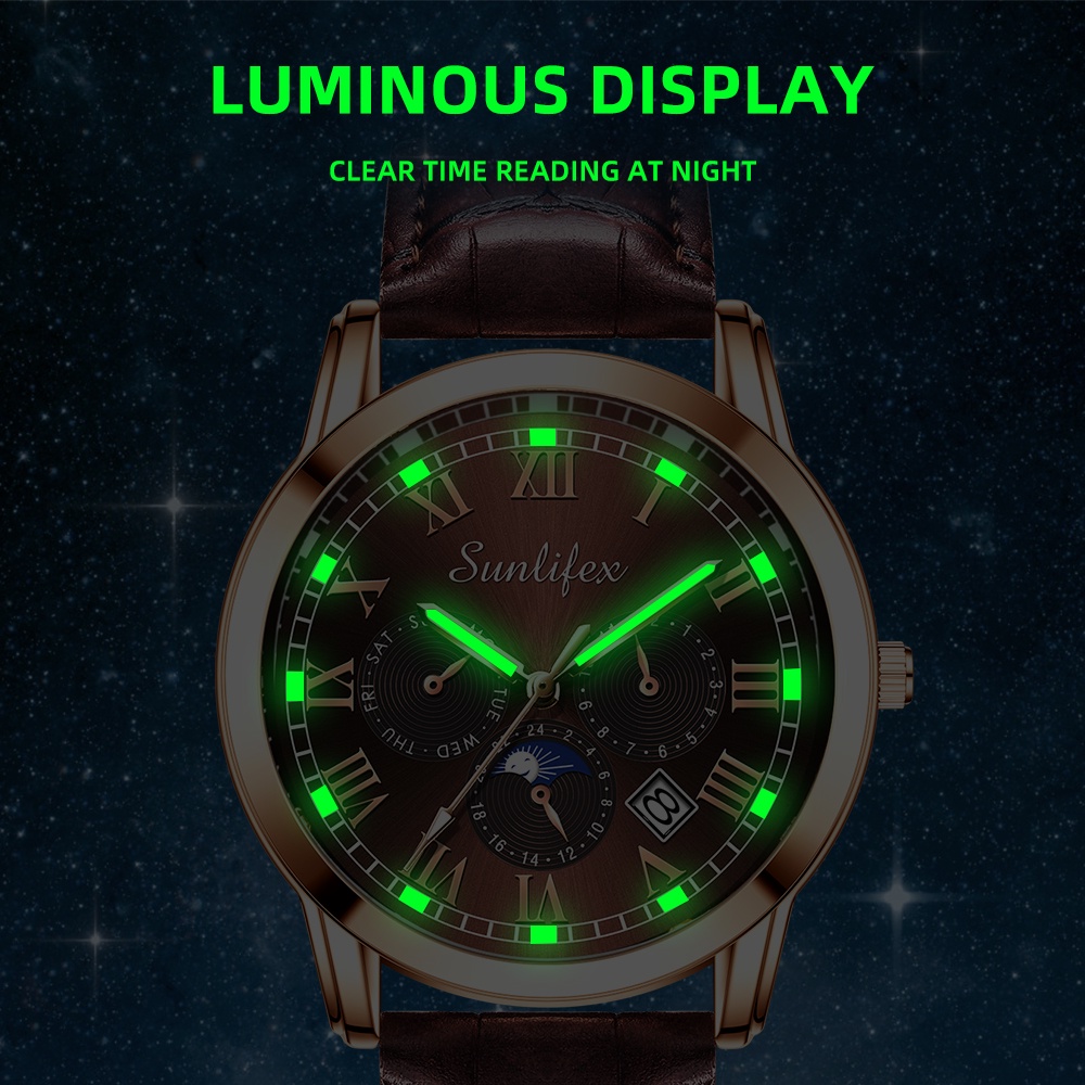 (Best) Sunlifex Jam Tangan Pria 7003 Kalender Kuarsa Santai Bisnis Tali Kulit Jam Tangan Cowok