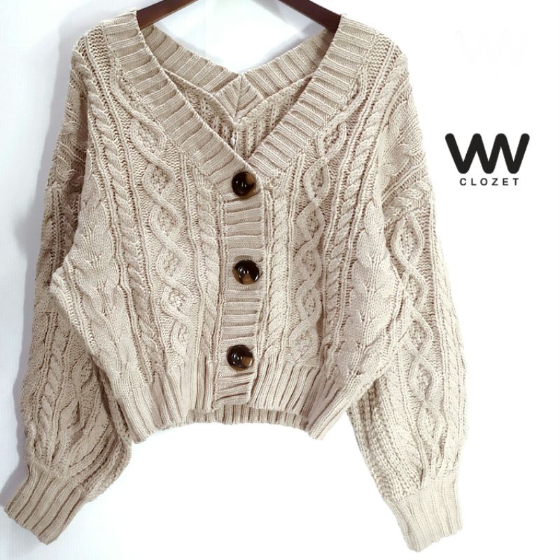 vwclozet | 322220 | Heather | Cardigan rajut crop tebal kepang lengan semi balon