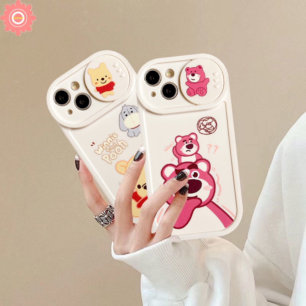 IPHONE Pasangan Strawberry Bear Manyo Winnie the Pooh Case Kompatibel Untuk Iphone11 7plus 13 12 Pro Max7 8 Plus XR X XS MAX Kartun Tarik Jendela Kamera Perlindungan Soft Cover