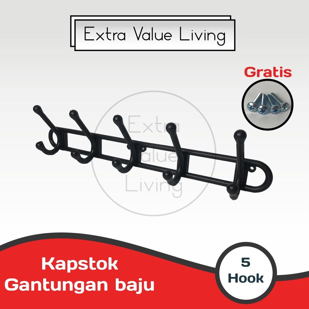 Ready Stok VIENTO Kapstok Plastik 5 hook Gantungan Baju Wall Hanger Hitam