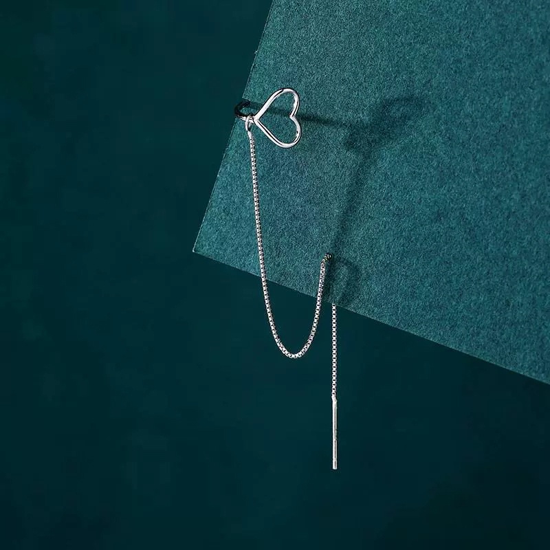 Anting Klip Telinga Hati Sederhana Rantai Warna Perak Menjuntai Earrings Woman Lady Fashion Pesta Perhiasan Hadiah