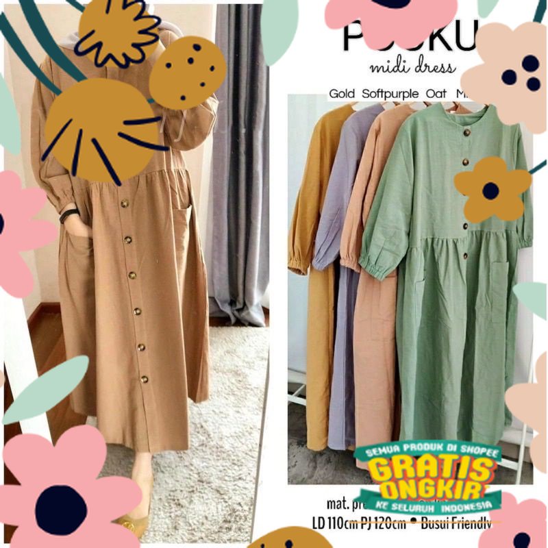 Midi Dress Katun Linen Rami Premium Pocku Midi Dress Katun Linen Rami / formal santai