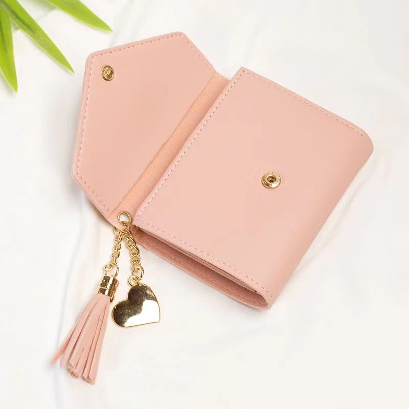 ASIN829  Dompet Lipat Pendek Dompet Lipat Kulit Wanita 8602 Dompet Gantung Cinta Rumbai Mini Dompet Impor