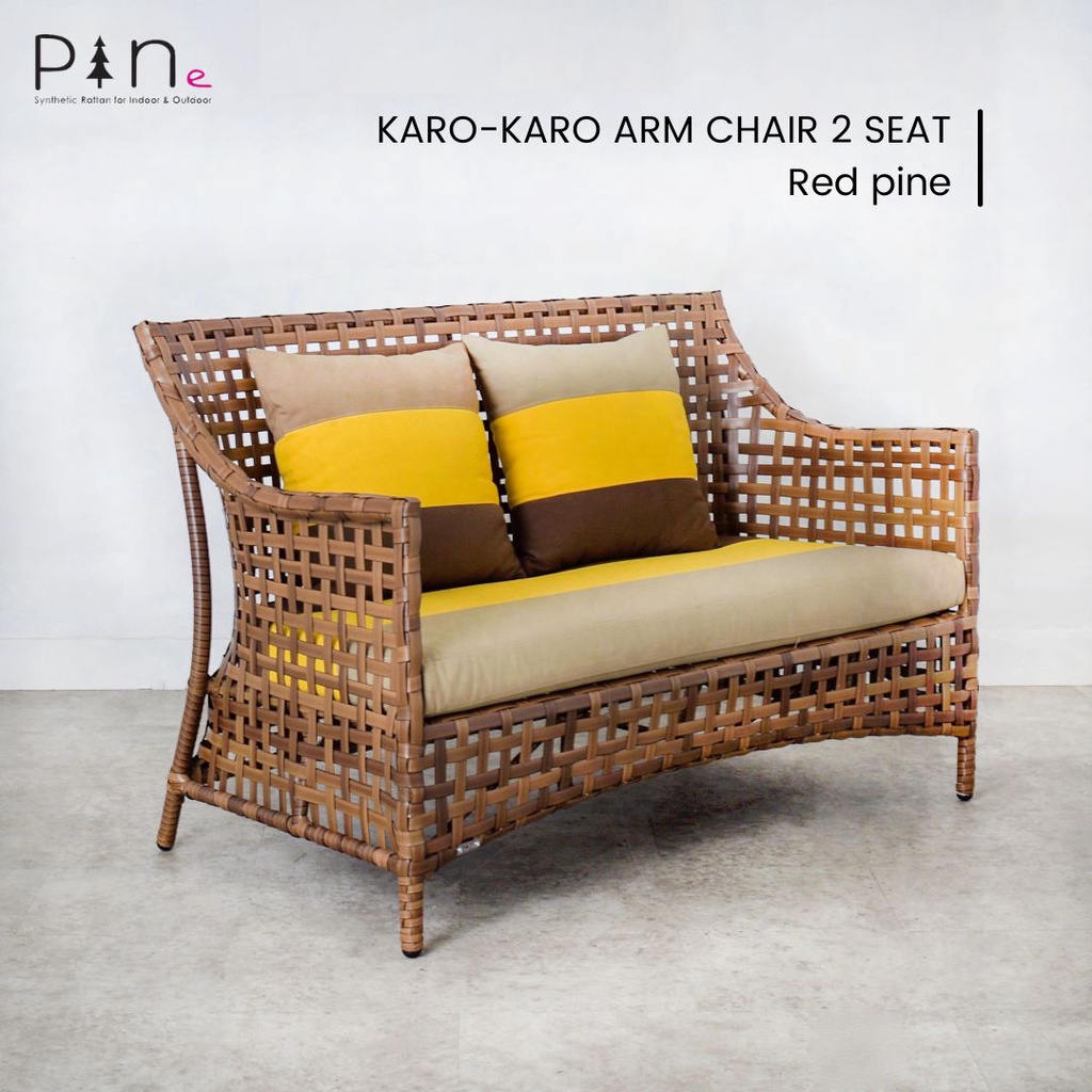 Sofa Taman / Kursi Tamu Panjang Minimalis Pine Rotan Sintetis / Karo-Karo Arm Chair 2 Seat Red Pine