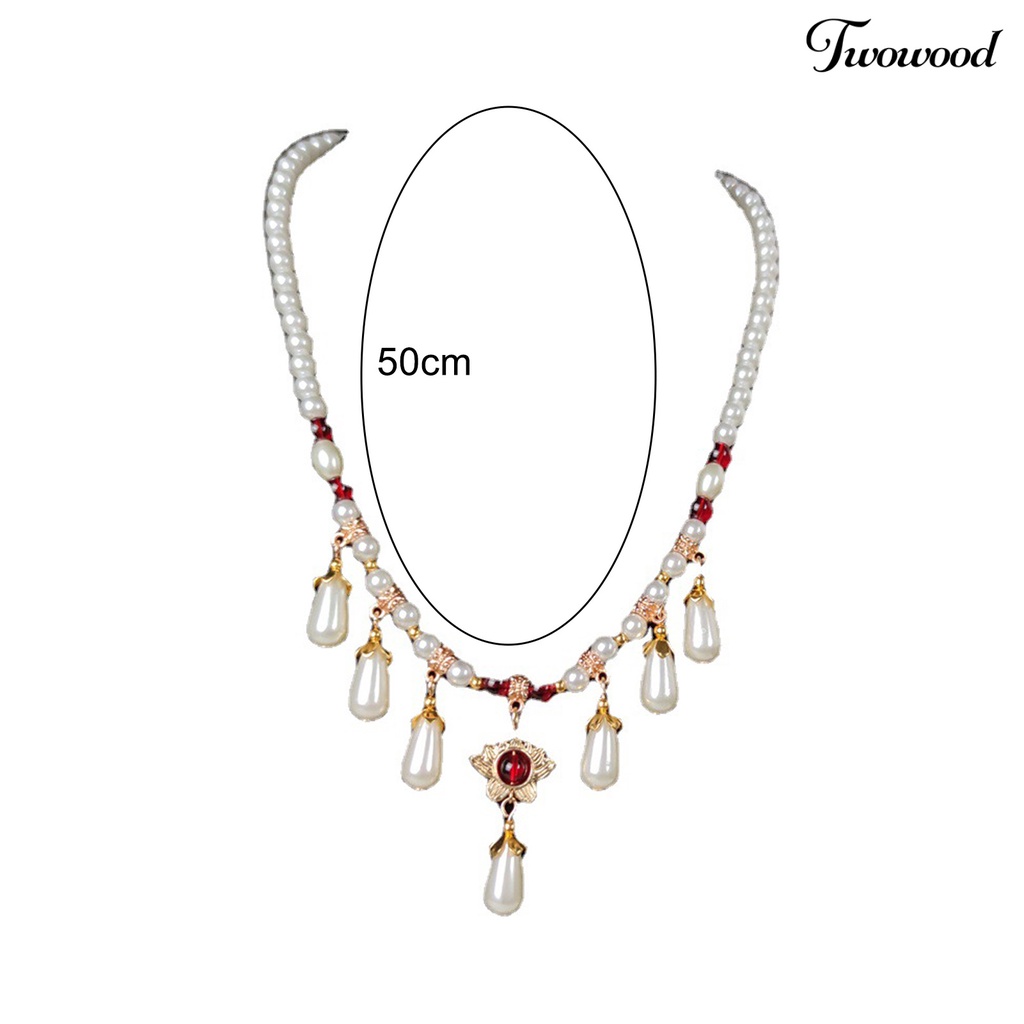 Twowood Hias Berlian Imitasi Teardrop Liontin Adjustable Vintage Kalung Wanita Mutiara Imitasi Cheongsam Necklace Perhiasan Aksesoris