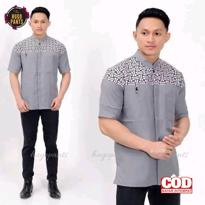 Baju Koko Pria Langan Pendek Motif Kobata Kombnasi Batik Bahan Oxford Premium