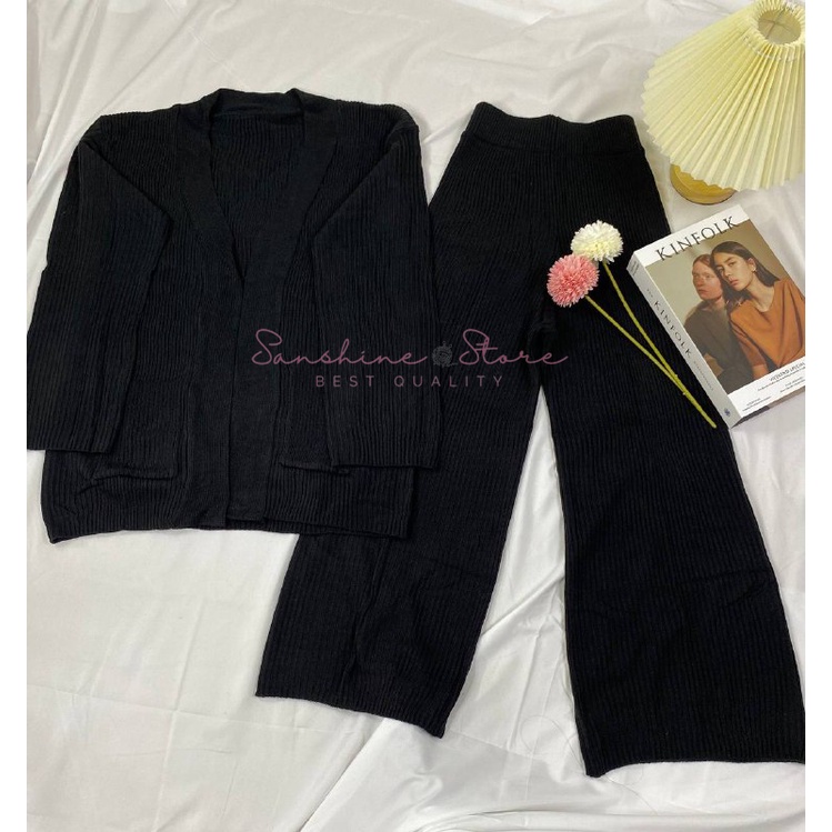 One Set Setelan Wanita Rok Dan Kulot Cardigan Sweater Rajut Warna Hitam