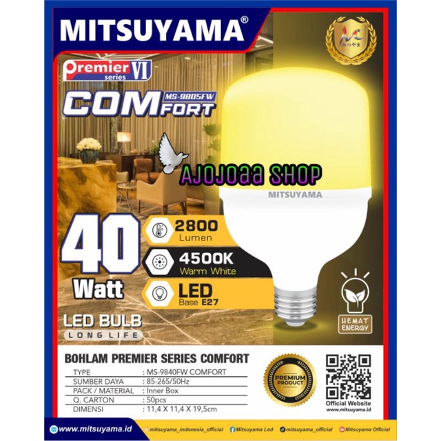 Bohlam Lampu LED 40 Watt MITSUYAMA Premier VI COMFORT Cahaya Kuning