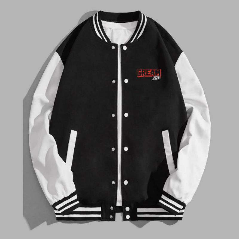 JAKET BASEBALL BOMBER BIGSIZE (S-6XL) CREAM LIFE JAKET VARSITY KANCING FLEECE UNISEX JACKET BOY GIRL
