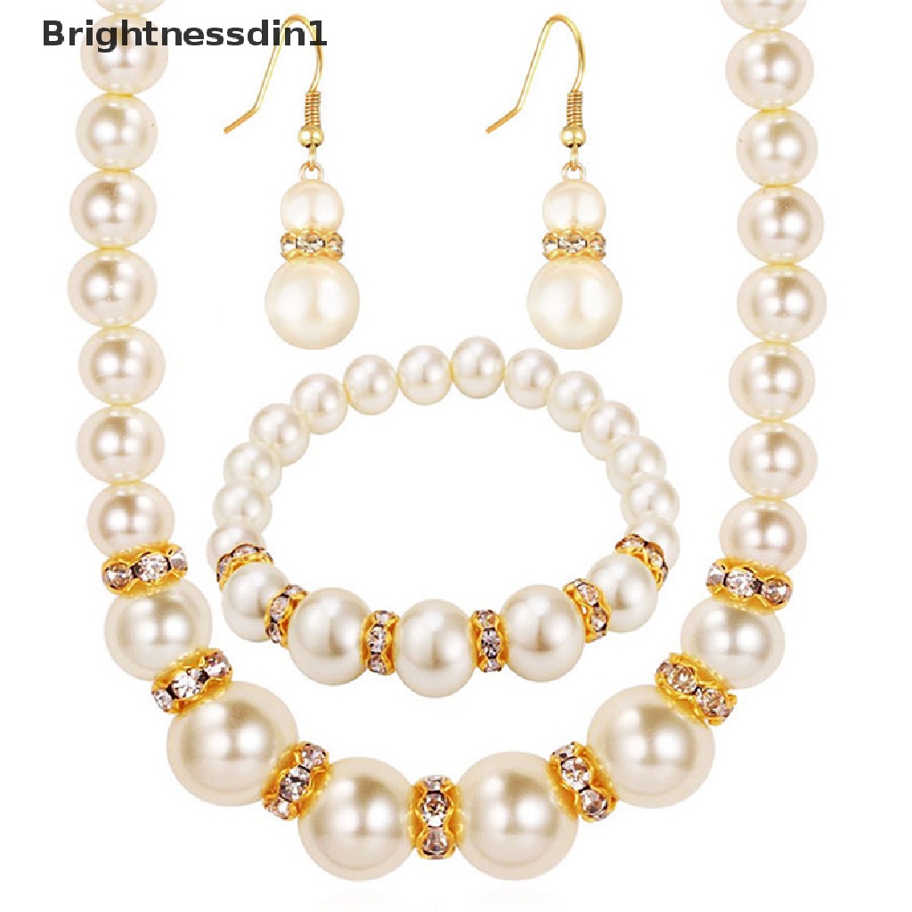 [Brightnessdin1] 3in1 Set Elegan Simulasi Mutiara Kalung Anting Gelang Panjang Kalung Wanita Pengantin Pernikahan Perhiasan Hadiah Butik