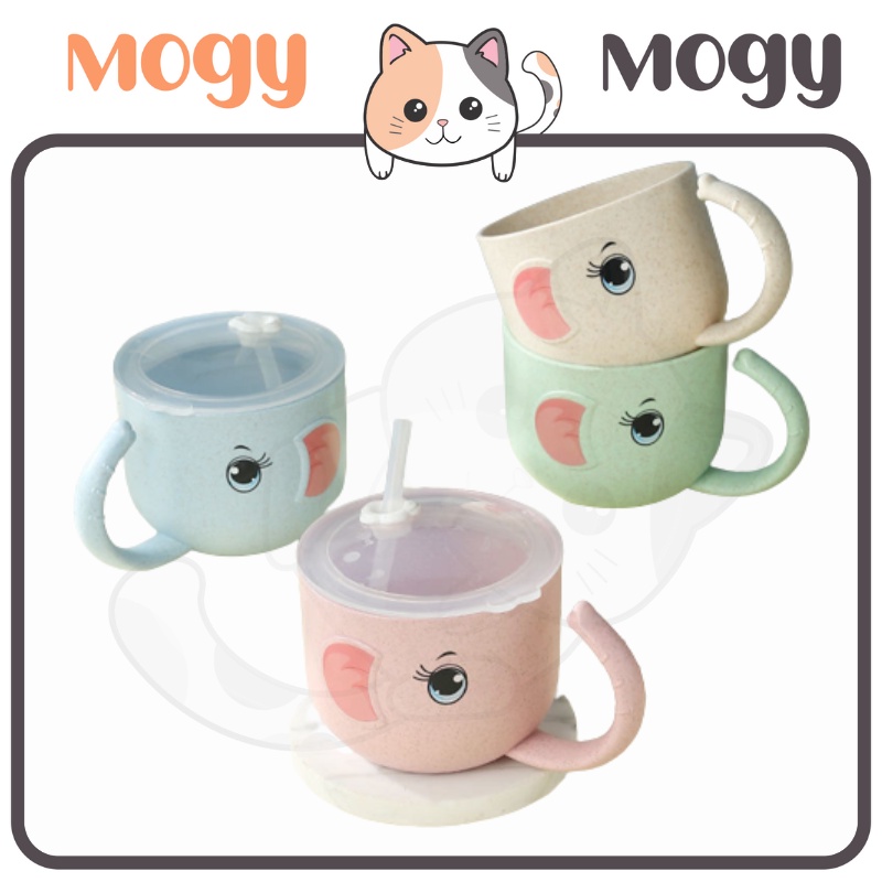 MOGYMOGY HL0469 Gelas Anti Tumpah Anak Gelas Sedotan Gagang Anak Gelas Minum Anak Karakter Kelinci Dan Gajah