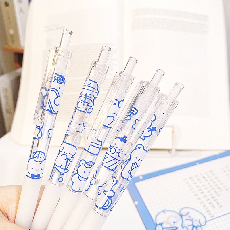 1pc Kawaii Biru Hewan Gel Pen INS Korea Transparan Pulpen Tulis Halus 0.5mm Hitam Press Pen Siswa Alat Tulis Sekolah Perlengkapan Kantor