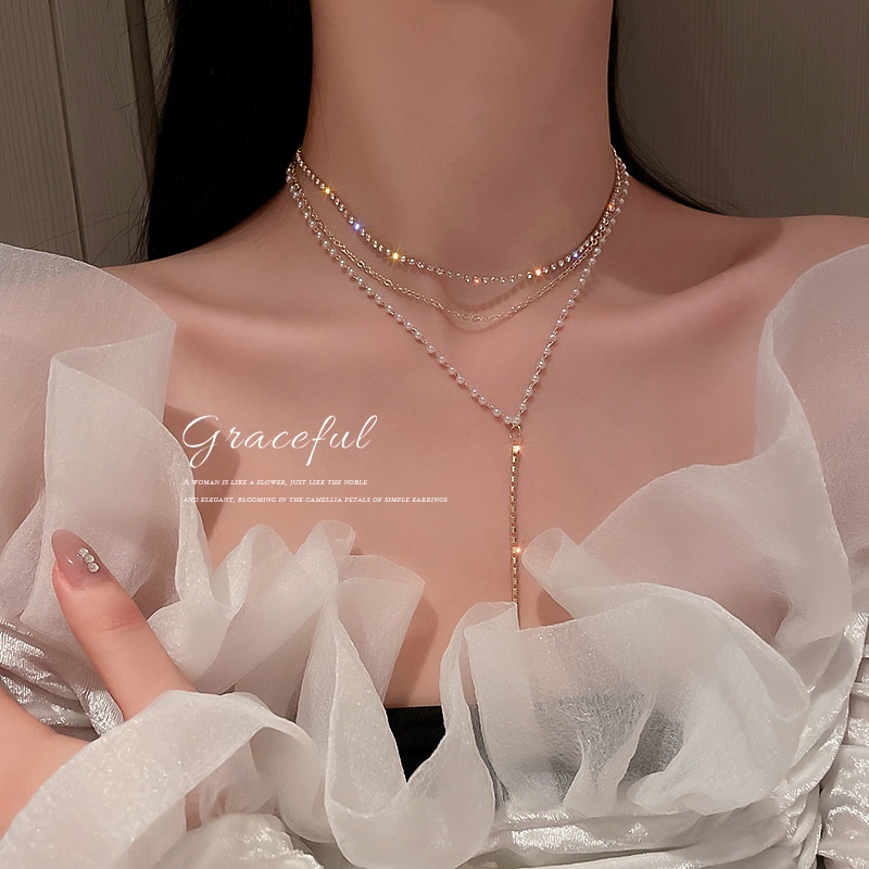 YEEZII Kalung Multilayer Elegan Choker Rantai Kristal Mutiara Rumbai Emas Untuk Aksesoris Perhiasan Wanita