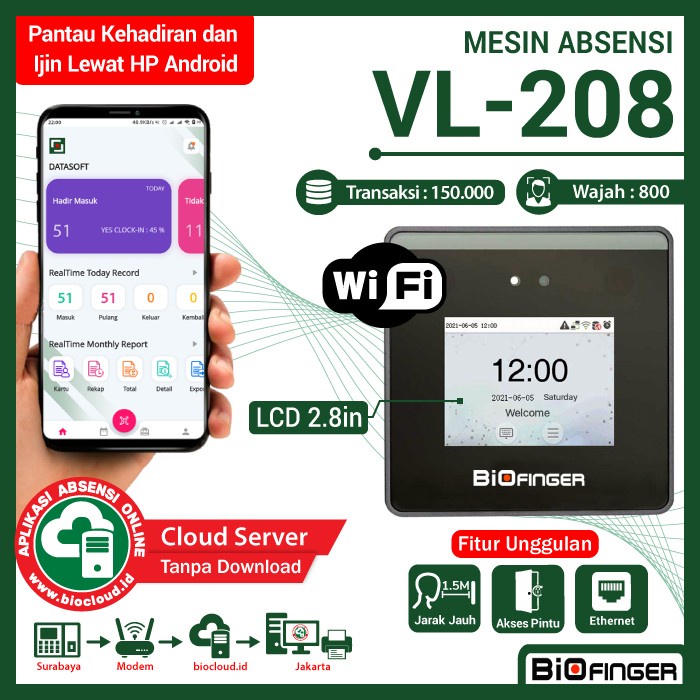 

[[JNT COD]] Absensi OnLine BioFinger VL-208 LAN WiFi Wajah Jarak1.5M, Akses Kontrl